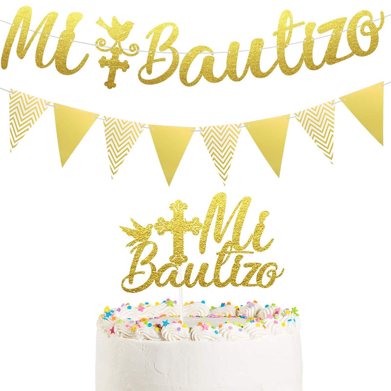 Gold Glitter Mi Bautizo Banner Triangle Flag Banner Glitter Mi Bautizo