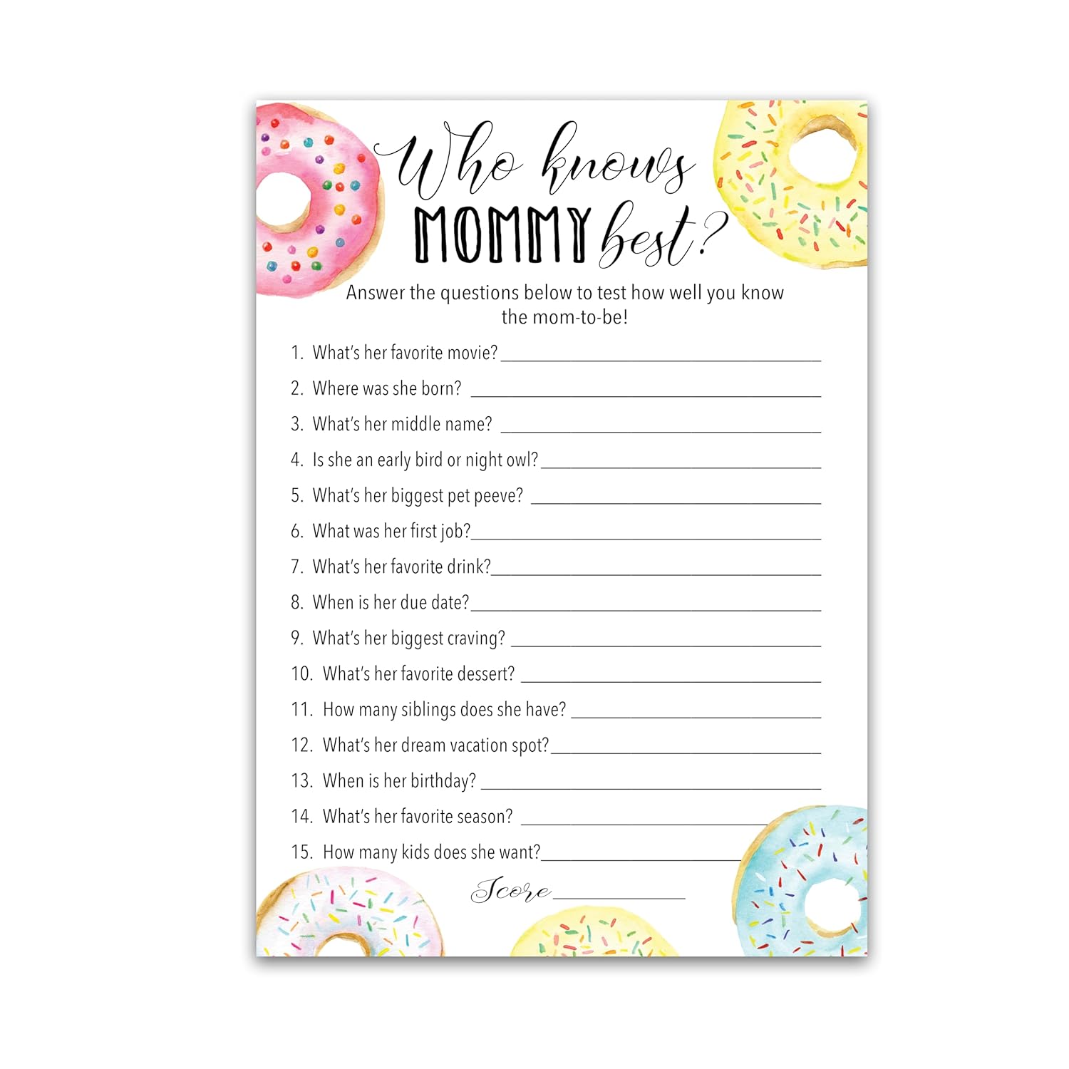 Donut Baby Shower Games Who Knows Mommy Best - Pack Of 25 - Gender Neutral Mom To-Be Baby Shower Activity Pink Blue New Parent Couples Coed Gender Reveal Fun Guessing Game G850-Wkm