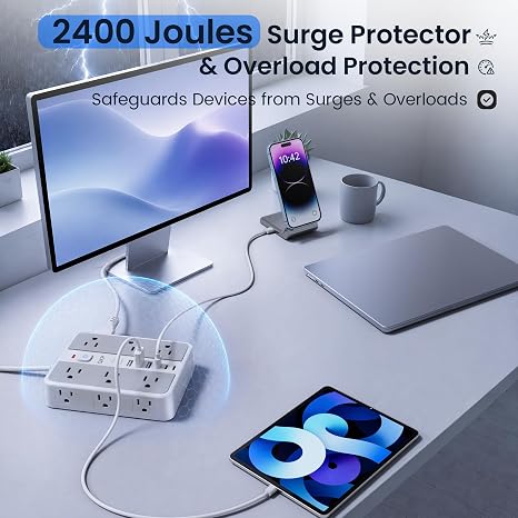 Surge Protector Power Strip 12 Outlets 6 USB Ports 3 USB C 2400J 6FT Flat Plug Extension Cord