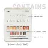 Metallic Watercolor Paint Set 12 Colors, Travel Water Colors With Paints Brushes, Crafts Painting Supplies, Shimmer Metallic Colourful Paints Sest, Drawing Gifts For Teens Adults Artists (Gold)