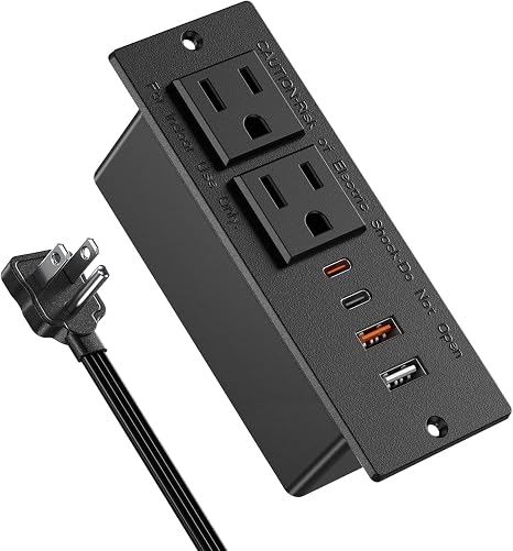 Recessed Power Strip 30W USB C 2 Outlets 4 USB Ports 6FT Cord Black
