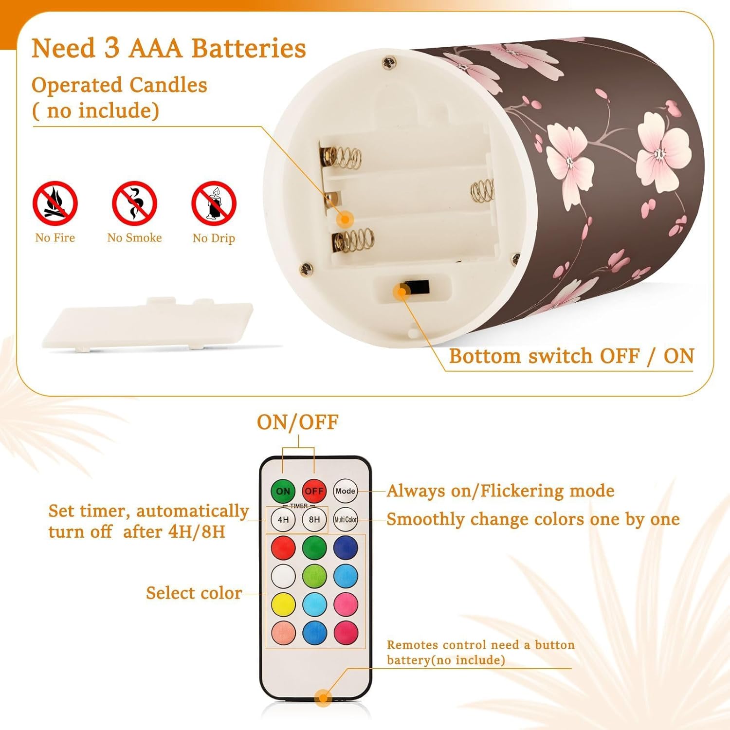 Pink Cherry Blossom Flower Pattern Flameless Candles Flickering Led Candles With Remote Timer Battery Operated Pillar Candles Set Of 2 For Dinner Holiday Decor