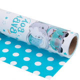 Reversible Baby Boy Wrapping Paper For Kids Boys - 17 Inch X 33 Feet - Blue Elephant Truck & Polka Dot - Cute Animals Patterns For Birthday Baby Shower New Baby Party Decoration