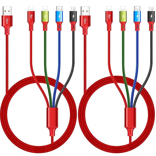 2 Pack 6FT 4 in 1 Multi Charging Cable 3.5A Braided USB Cable for iPhone Samsung