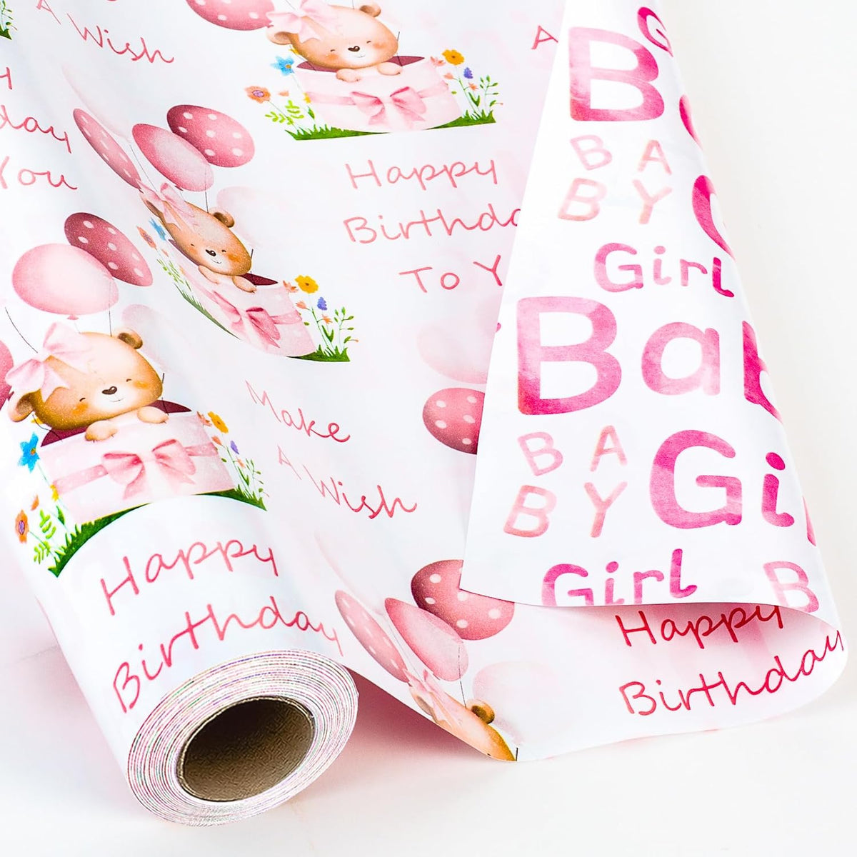 Pink Bear Baby Wrapping Paper Roll, Cute Baby Girl Gift Wrap Paper, Pastel Bear Balloon Theme Baby Shower Wrapping Paper For Girl 1St Birthday, Newbaby Celebrations (Mini Roll, 17 In X 33Ft)