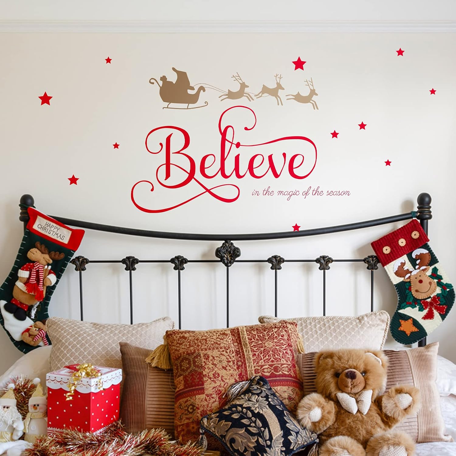 Christmas Decal Stickers New Year Happy Believe Quotes Wall Decals Reindeer Tree Vinyl Art Decor Removable Modern For Party Supplies Home Window