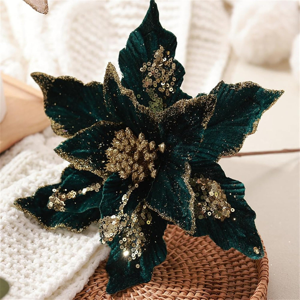 Pack Of 6 Glitter Poinsettia Flower 11 Inches Large Artificial Christmas Flower Decoration Christmas Tree Ornaments Wreath Garland Decoration (Green)