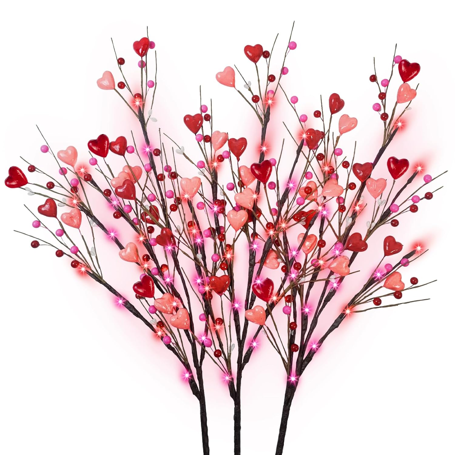 3 Pack Lighted Valentine'S Day Decoration, 30" Tall Artificial Red Pink Heart Shaped Berry Picks With 60Led Lights Timer Lighted Branches For Vases Valentine'S Day Gifts Anniversary Wedding