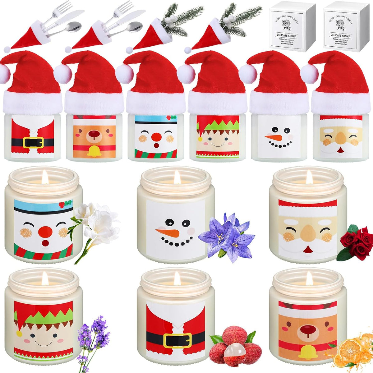 24 Pack Christmas Scented Candles Jar Set Include 12 Pcs 7Oz Soy Wax Aromatherapy Candles And 12 Pcs Mini Santa Hat Holiday Party Favor Gift Bulk For Women Men Adult Coworker