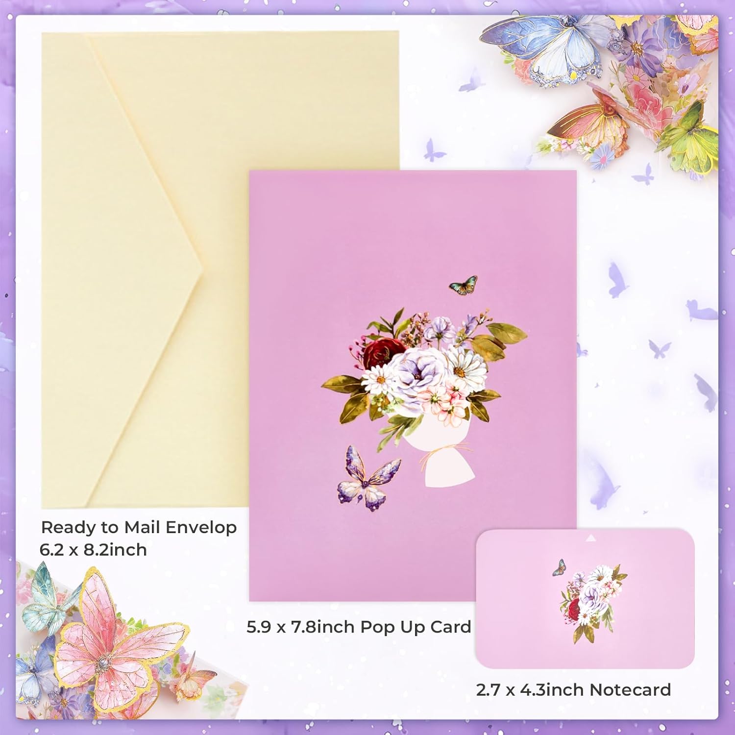 Birthday Cards For Women, Gold-Edged Butterfly Pop Up Card, Butterfly Gifts For Mom, Grandma, Sister, 3D Greeting Cards For Birthday, Thank You, Blank Notecard & Envelope