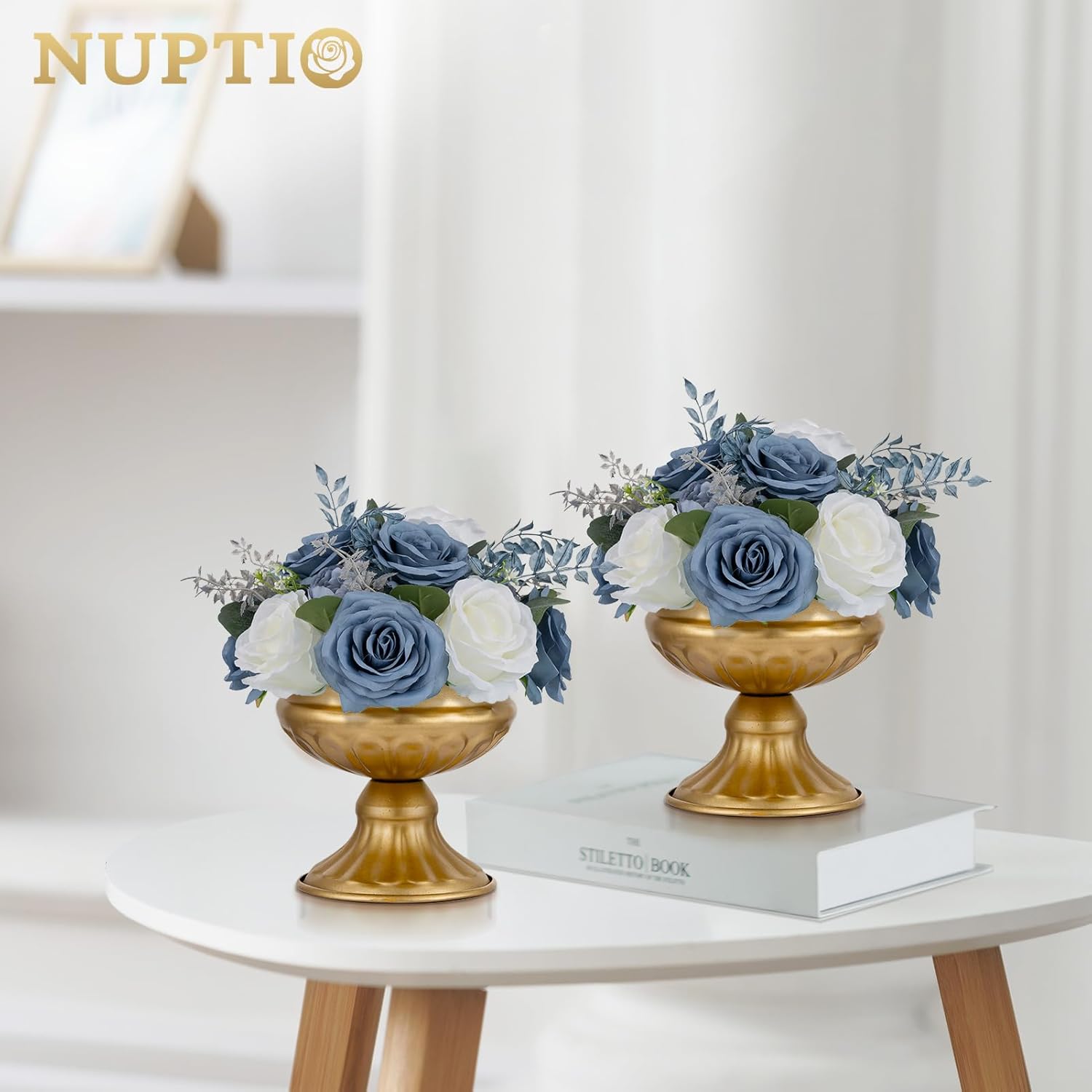 Flower Ball Centerpieces For Tables: Dusty Blue & White Artificial Rose Fake Floral Arrangement For Wedding Party Centerpiece Decorations 9.4 Inch Diameter 2 Pcs