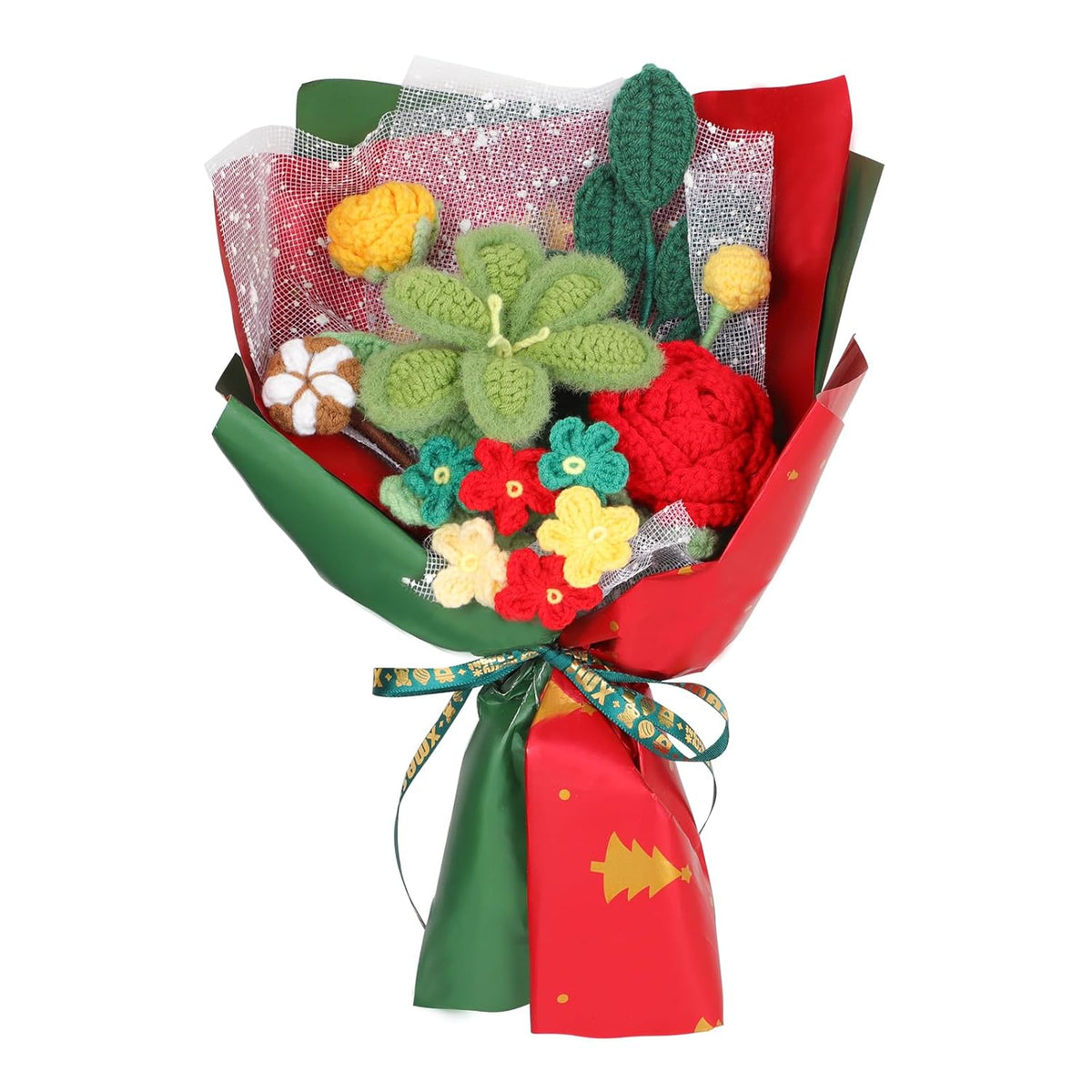Christmas Crochet Flower Bouquet, Handmade Knitted Flowers Christmas Bouquet With Exquisite Wrap Crochet Flower Arrangements For Xmas Home Party Holiday Decor