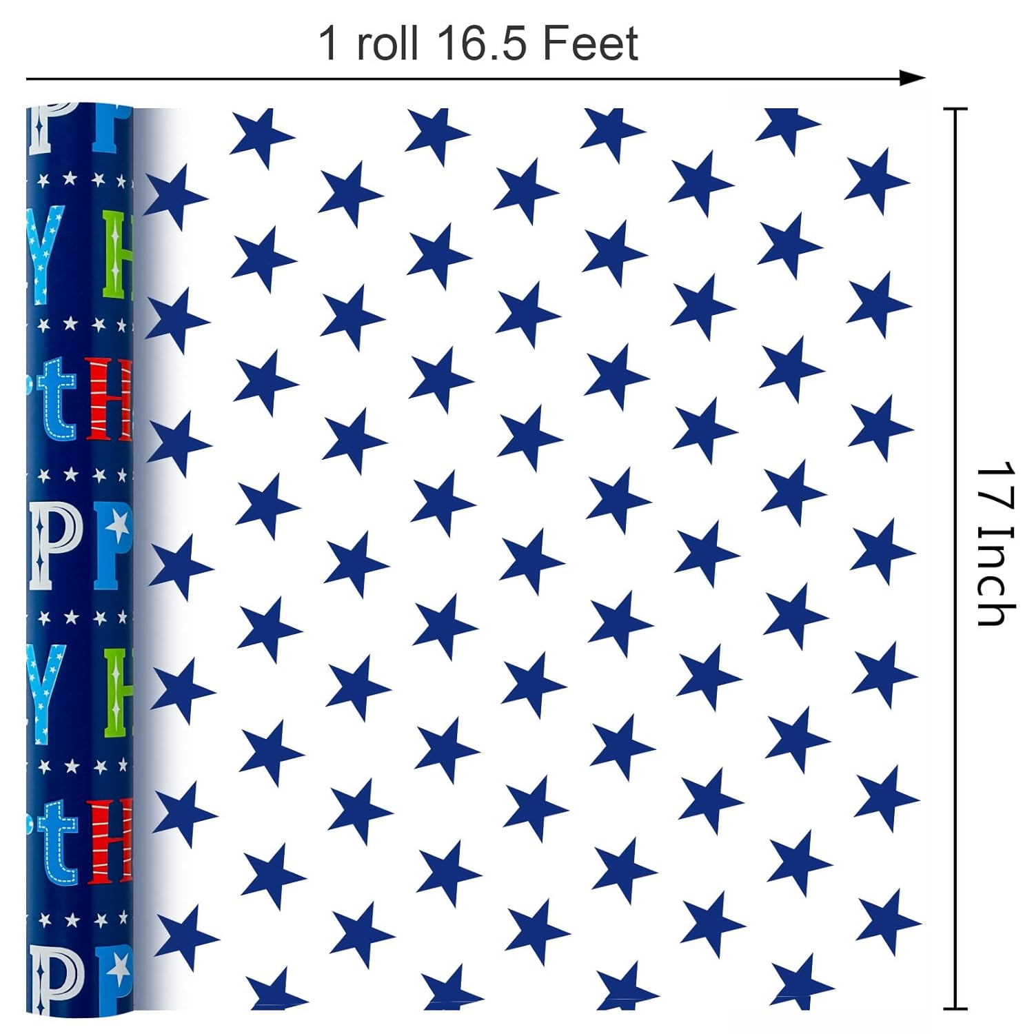 Happy Birthday Wrapping Paper Roll - 17 Inch X 16.5 Feet - Metallic Navy Blue Star Birthday Gift Wrapping Paper For Men, Boy, Baby Shower, Holiday