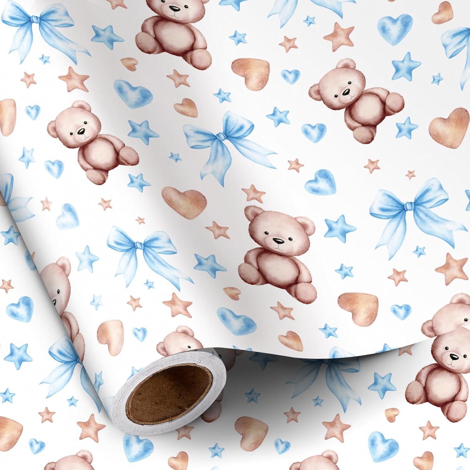 Bear Bow Wrapping Paper Roll For Baby Boy, Mini Roll, Blue Bear With Heart, Bow And Star Gift Wrap Paper For Baby Shower, Birthday And Special Occasions, 17 Inches X 16.4 Feet