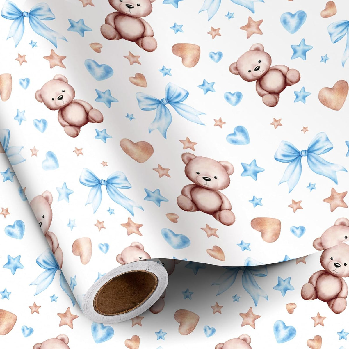 Bear Bow Wrapping Paper Roll For Baby Boy, Mini Roll, Blue Bear With Heart, Bow And Star Gift Wrap Paper For Baby Shower, Birthday And Special Occasions, 17 Inches X 16.4 Feet