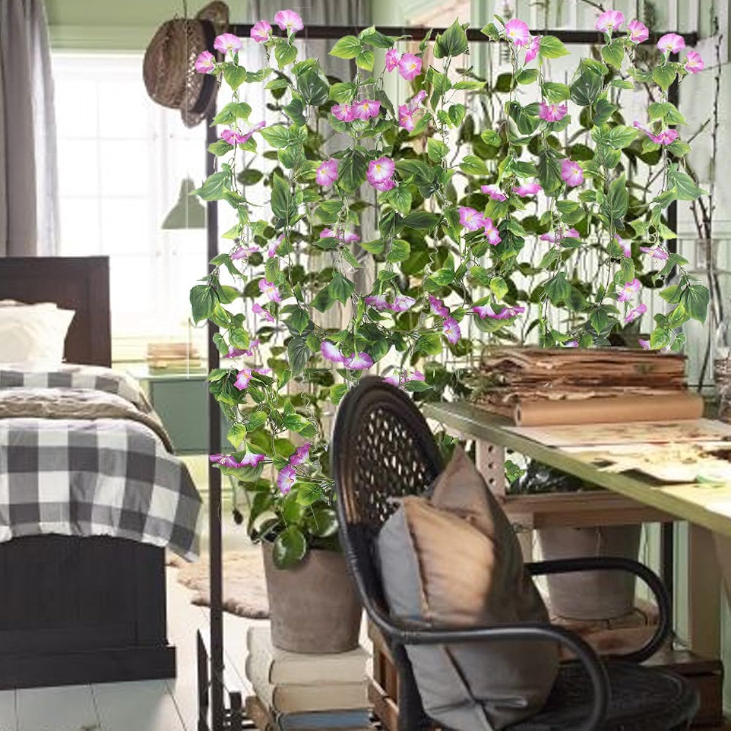 2Pcs Artificial Vines,15Feet Morning Glory Hanging Plants Silk Garland Fake Green Plant Home Garden Wall Fence Stairway Outdoor Wedding Hanging Baskets Decor Purple