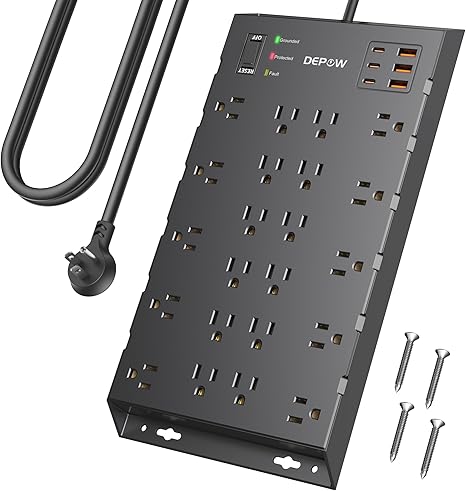Home Theater Surge Protector Power Strip 12 Outlets 8FT Flat Plug Extension Cord 2880J TV Ethernet Protection