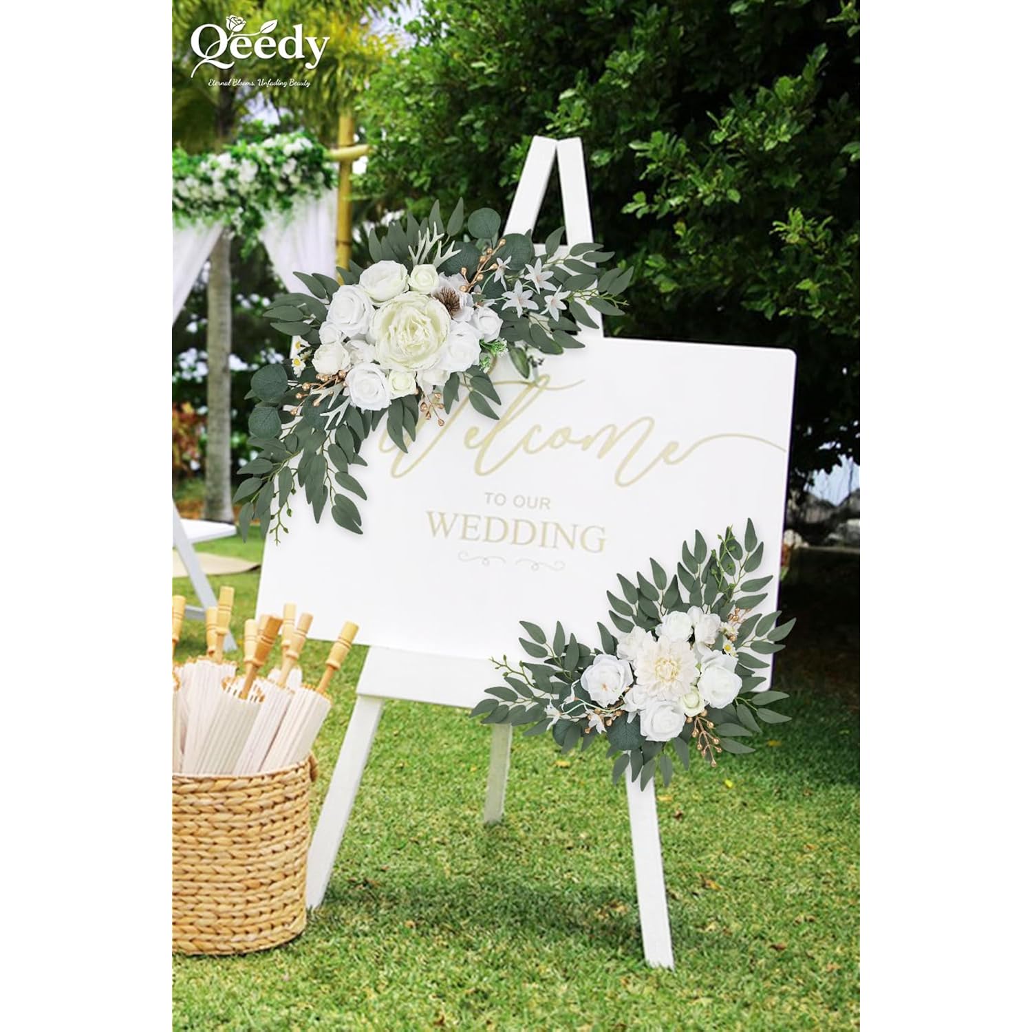 Wedding Arch Flowers Set Of 2, Artificial Flowers For Decoration For Wedding Ceremony Backdrop, Wedding Floral Arrangement For Arch, Wedding Welcome Signs, Reception Decor (White)