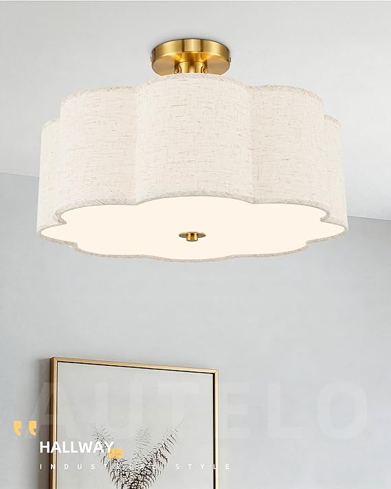 17.7 Inch Brushed Gold Semi Flush Mount Ceiling Light 3 Light Farmhouse Fixture
