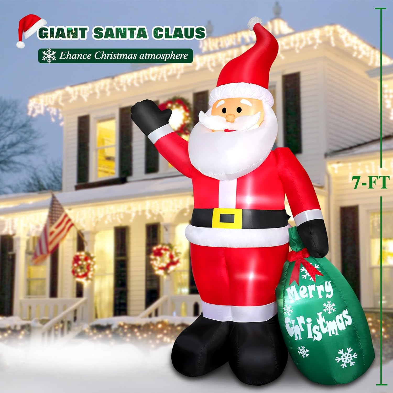 7 Ft Christmas Inflatable Santa Claus With Green Gift Bag, Blow Up Santa Claus Built-In Led Lights, Xmas Inflatable Indo