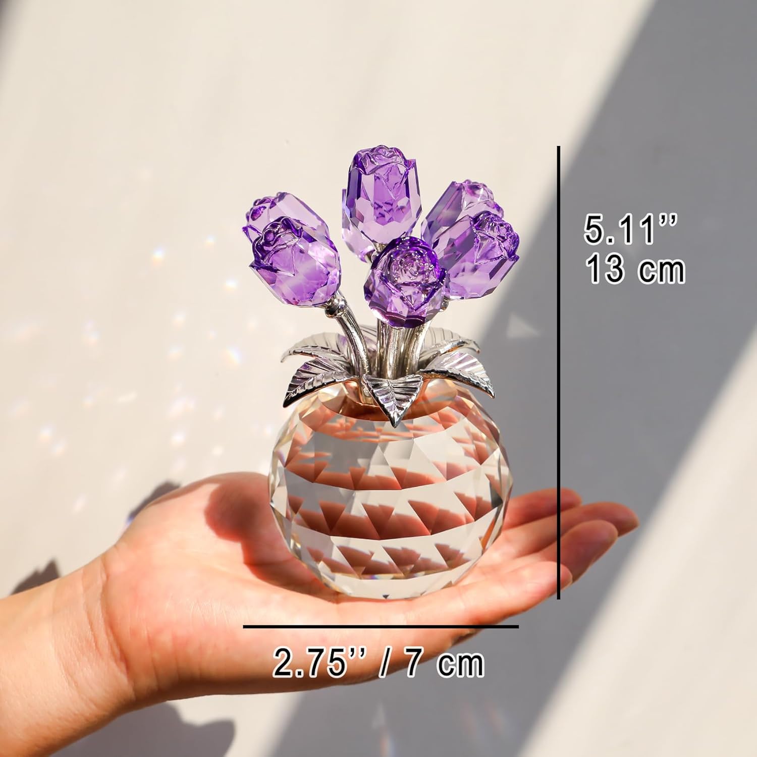 Crystal Rose Figurines Gifts For Women Valentine'S Day, Glass Floral Ornament For Mother'S Day Birthday Christmas Amethyst Collectible Rose Flowers Anniversary Floral Presents For Her (Purple)