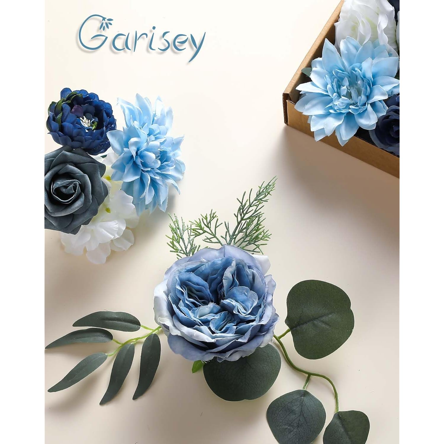 Artificial Flowers Combo Box Set Dusty Blue Flowers For Diy Wedding Bouquet Arrangements Bridal Shower Party Home Decorations(White Blue Rose)