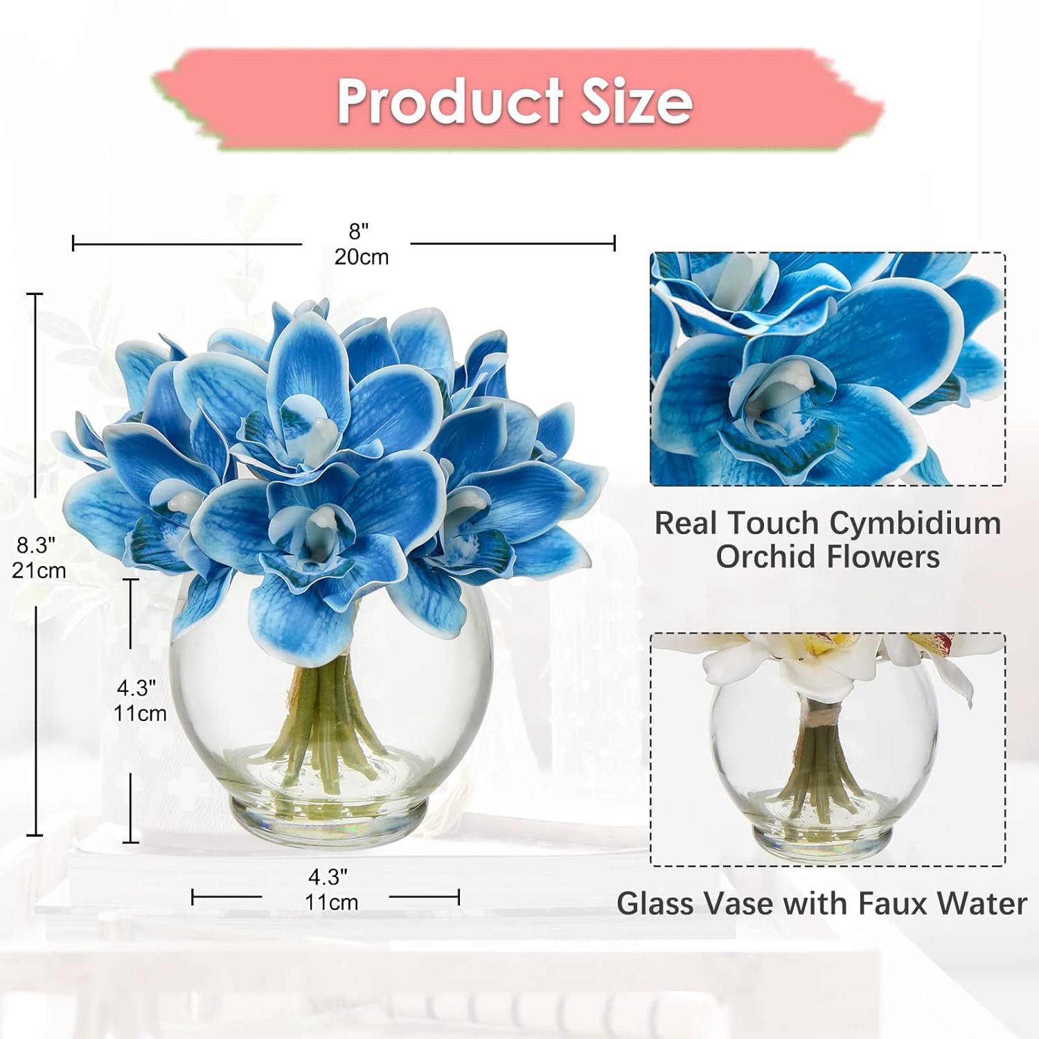 Faux Flowers In Vase 9.3" Cymbidium Orchid Flowers Arrangement With Faux Water Real Touch Flowers For Wedding Table Centerpiece Home Decor, Blue