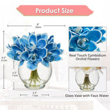 Faux Flowers In Vase 9.3" Cymbidium Orchid Flowers Arrangement With Faux Water Real Touch Flowers For Wedding Table Centerpiece Home Decor, Blue