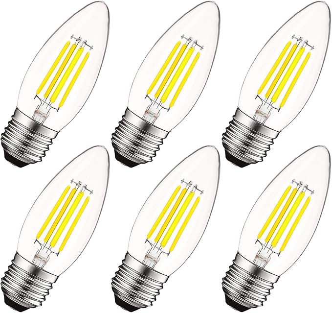 Vintage E26 Candelabra LED Bulbs 5000K Bright White Dimmable Edison Filament Light Bulbs 6 Pack