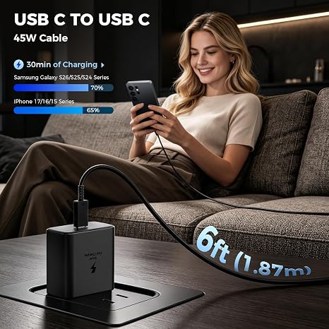 2 Pack 45W USB C Fast Charger with 6FT USB C Cable for Samsung Galaxy S26 S25 iPhone 17 16 15