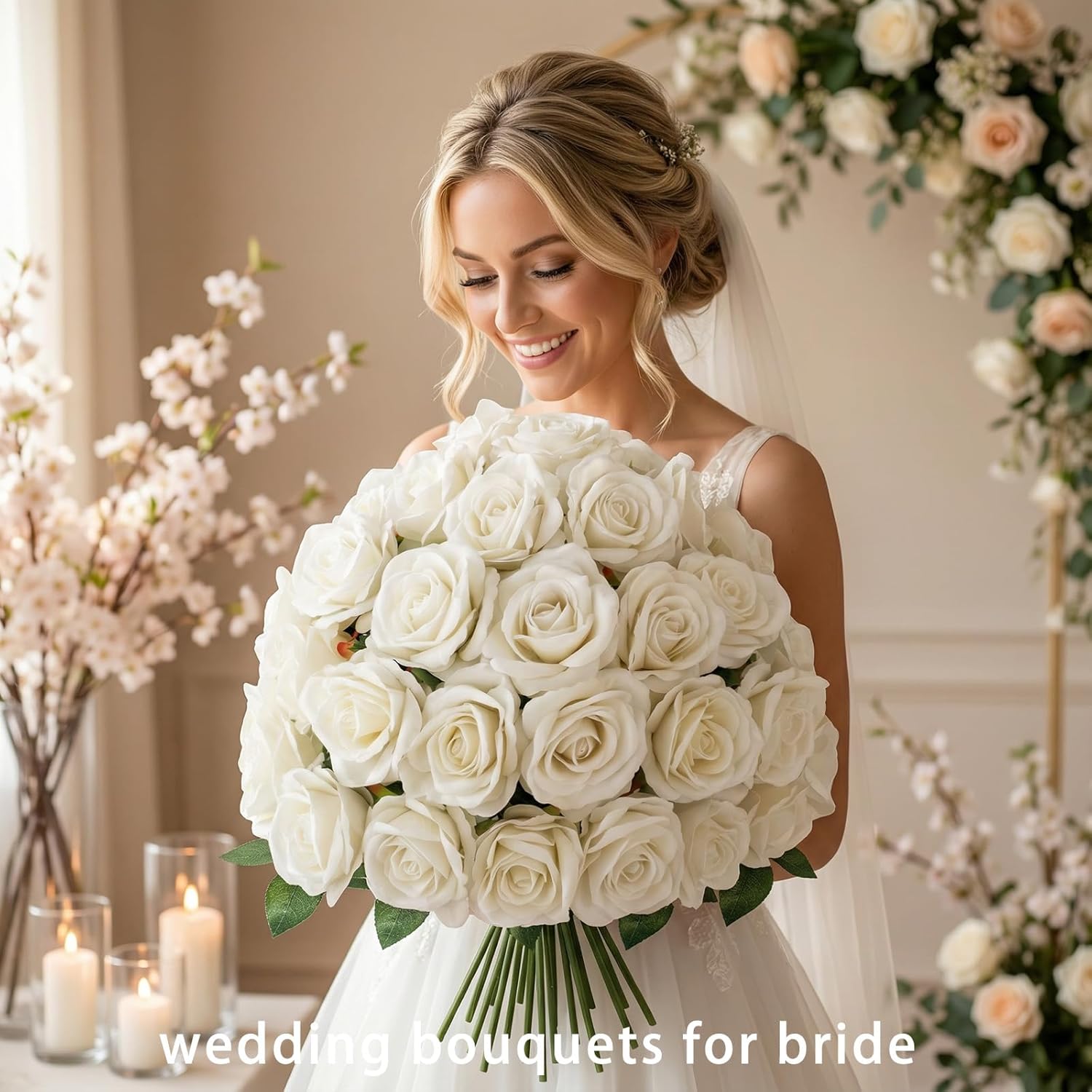 25Pcs Real Touch Fake Roses 4 Inches Velvet Faux Roses Realistic Artificial Flowers Silk Roses With Stems Bouquet For Wedding Decor Decorations Table Decor Centerpieces(Cream White)