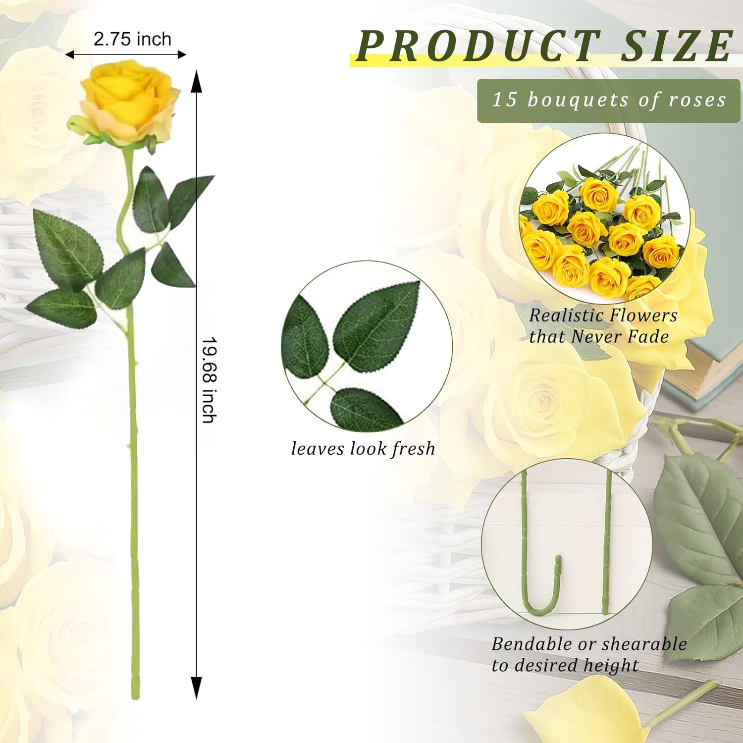 Yellow Roses Artificial Flowers 15 Pcs, Fake Roses Silk Flowers With Long Stems, Faux Rose For Wedding Centerpieces, Home Decor, Indoor Floral Arrangements, Party Decor, Diy Bouquet (Yellow)