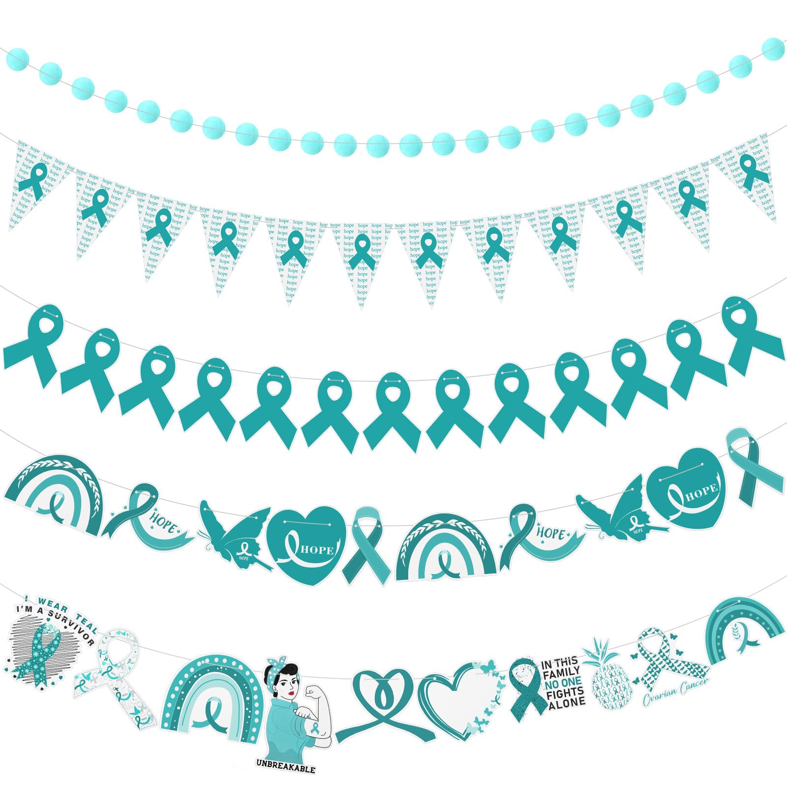 5 Pcs Teal Ribbon Wall Decor, Ovarian Cancer Awareness Banner