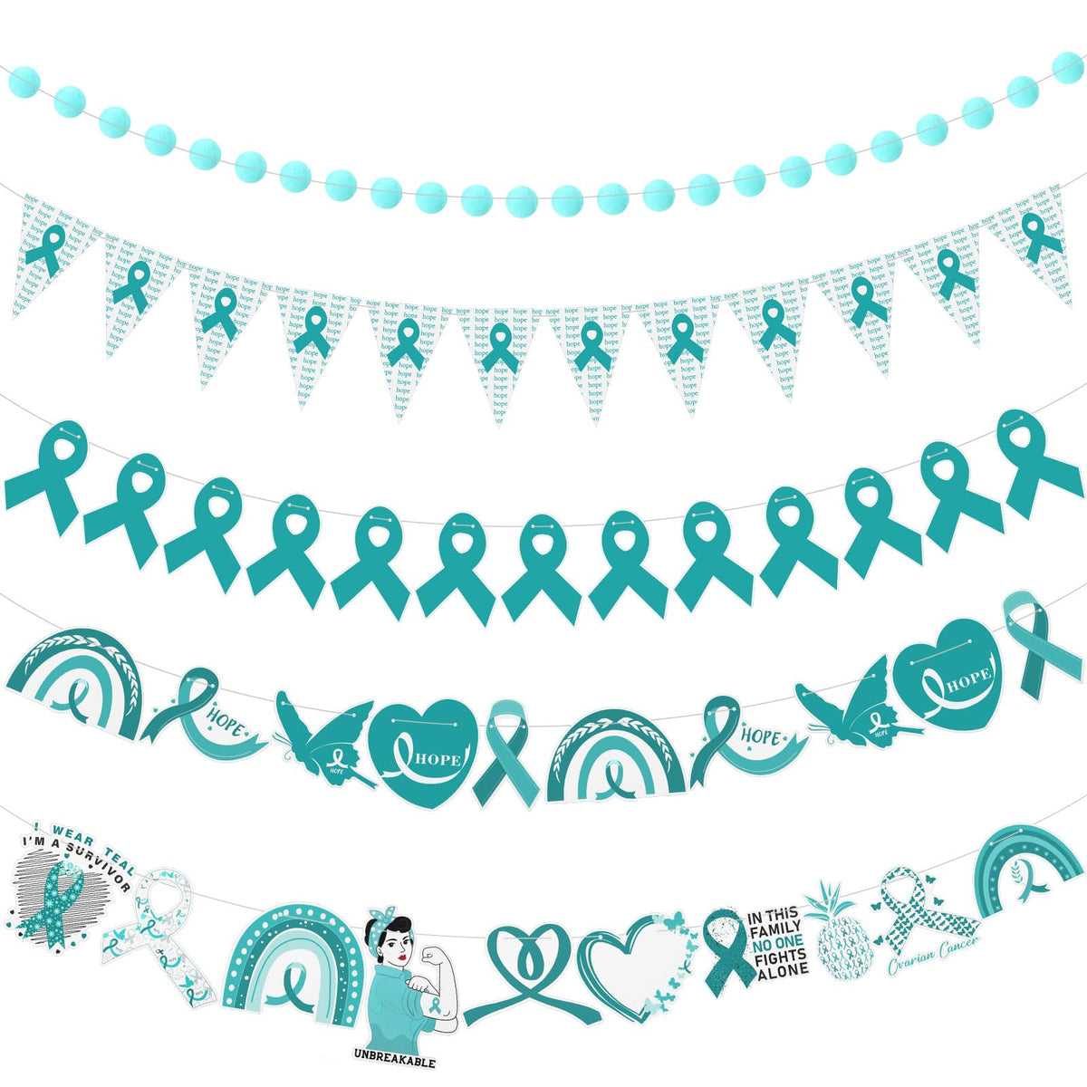 5 Pcs Teal Ribbon Wall Decor, Ovarian Cancer Awareness Banner