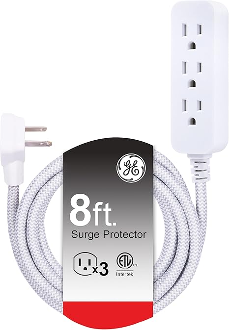 Surge Protector Power Strip 3 Outlets 8FT Braided Extension Cord Flat Plug Black