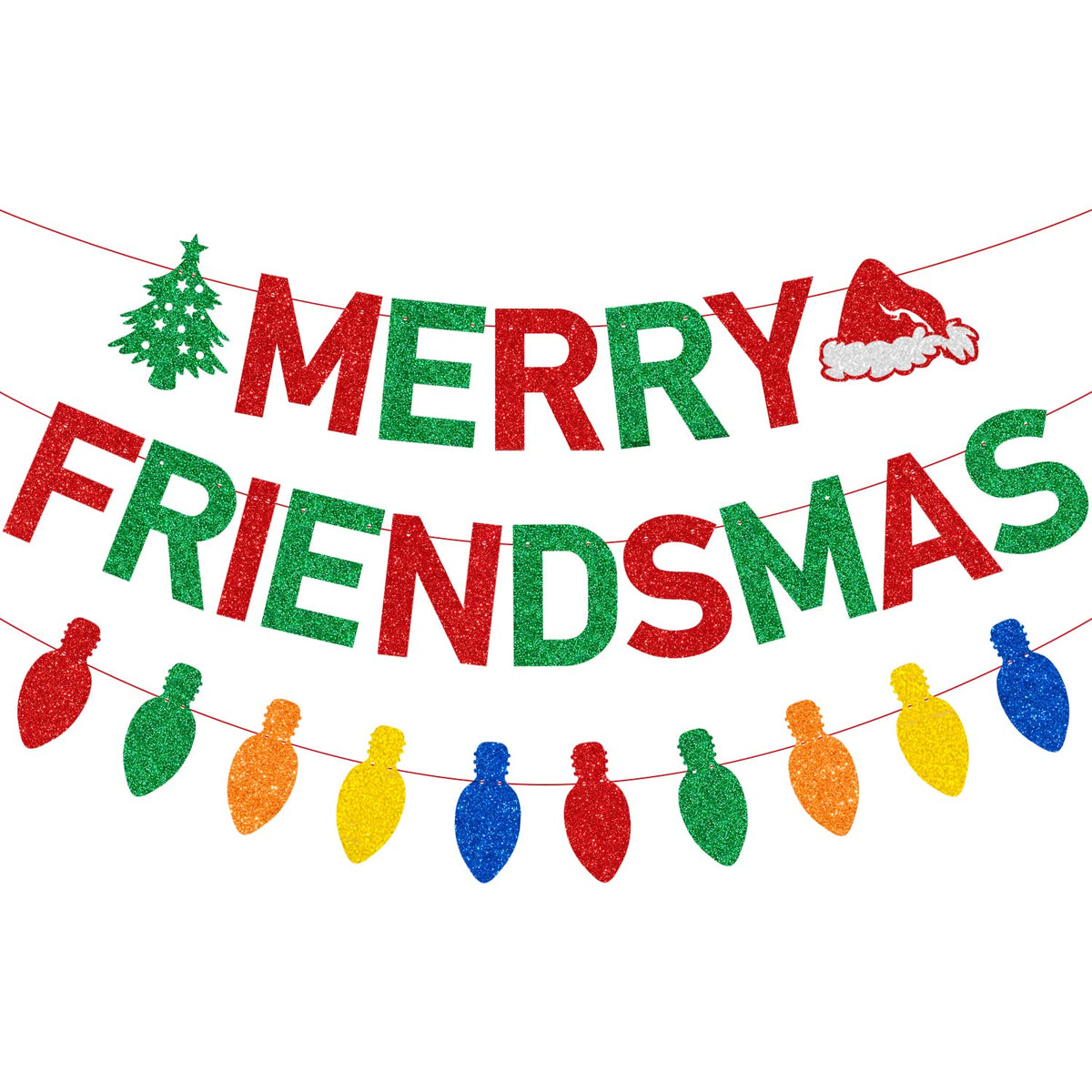 Red Green Glitter Merry Friendsmas Banner And Colorful Light Bulb Banner Friends Christmas Dinner Party Garland Banner Friendsmas Merry Christmas Holiday Party Fireplace Decorations