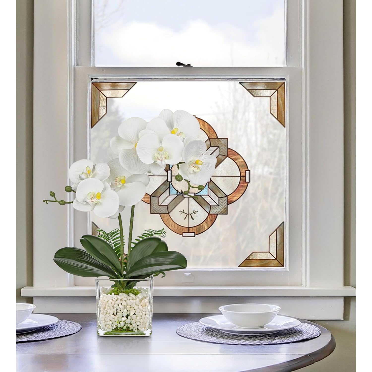 White Orchids Artificial Flowers 16.1" Faux Orchids Plant In Pot Fake Flower Arrangements With Glass Vases Small White Centerpieces For Kitchen Dining Room Tables Bathroom Nightstand Shelf Desk Decor