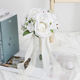 Wedding Bouquet For Bride - Premade Simple Artificial Roses Flowers For Bridal Shower Destination Ceremony Anniversary Decorations - White