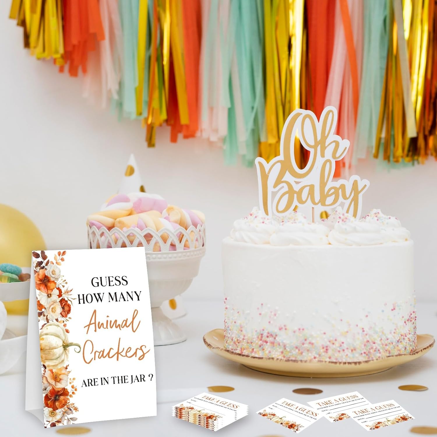 Little Pumpkin Guess How Many Animal Crackers - Thanksgiving Baby Shower Card Set (1 Sign With 50 Guess Cards), Fall Gender Reveal Party Favor Supplies -A11