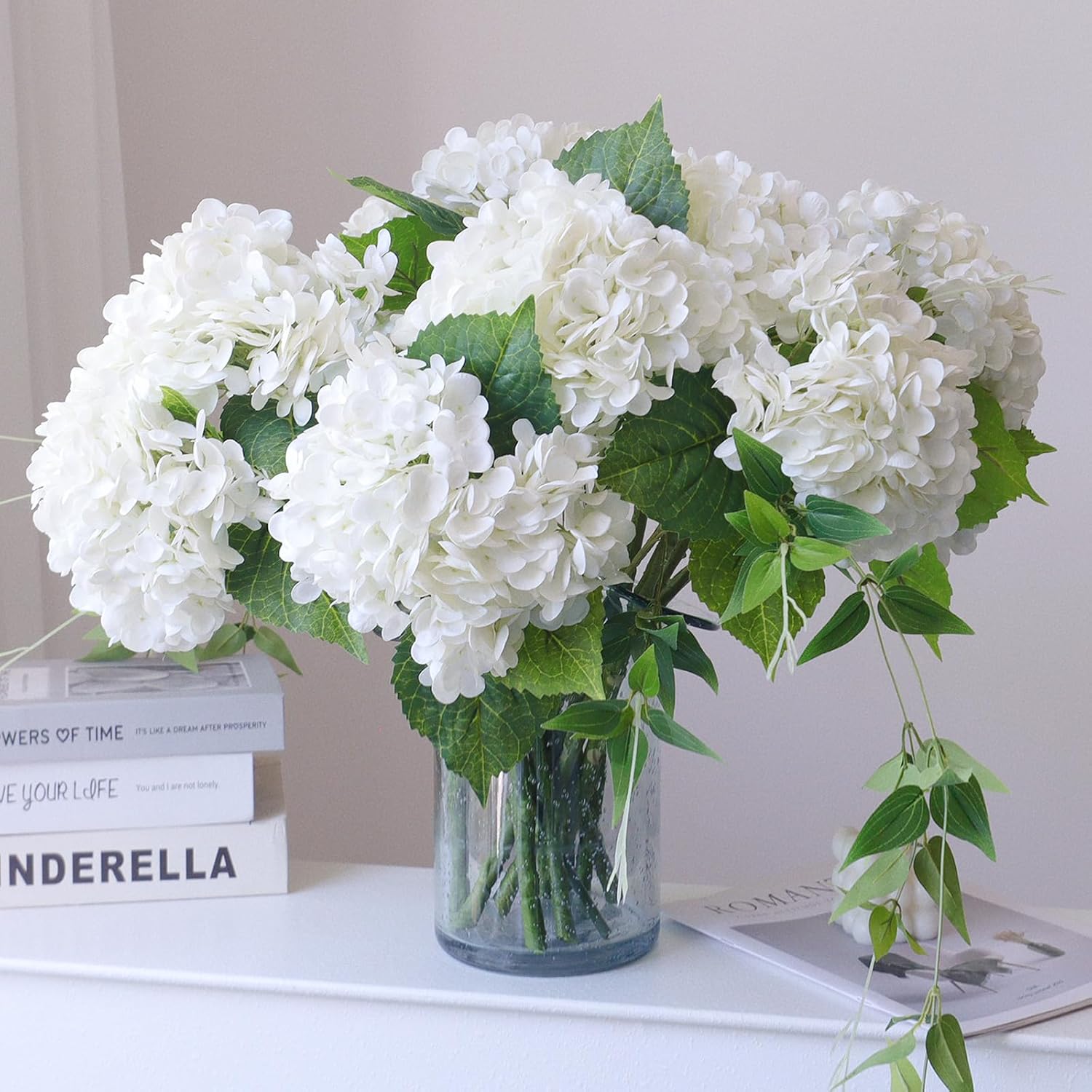 2Pcs Long Stem Big Size Flowers Artificial Silk Hydrangea Lifelike Flowers Real Touch White Artificial Flowers Wedding Shower Bride Bouquets Office Living Room Table Decorations (21 Inch)