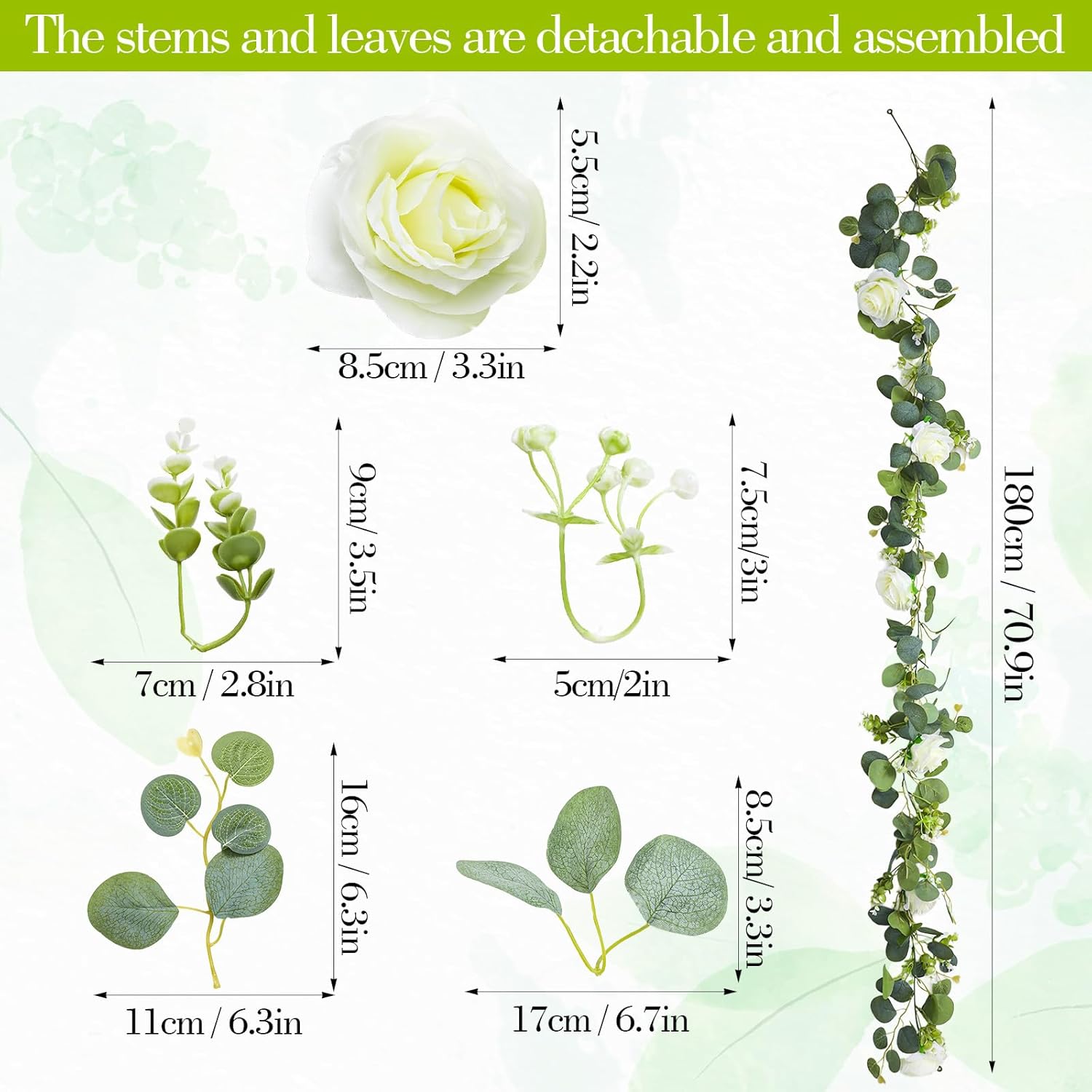 3 Pcs Total 18Ft Artificial Eucalyptus Flower Garland, Faux Eucalyptus Garland With White Roses Fake Flowers Vines For Centerpiece, Wedding, Party, Table, Background, Arch, Indoor Outdoor Decor