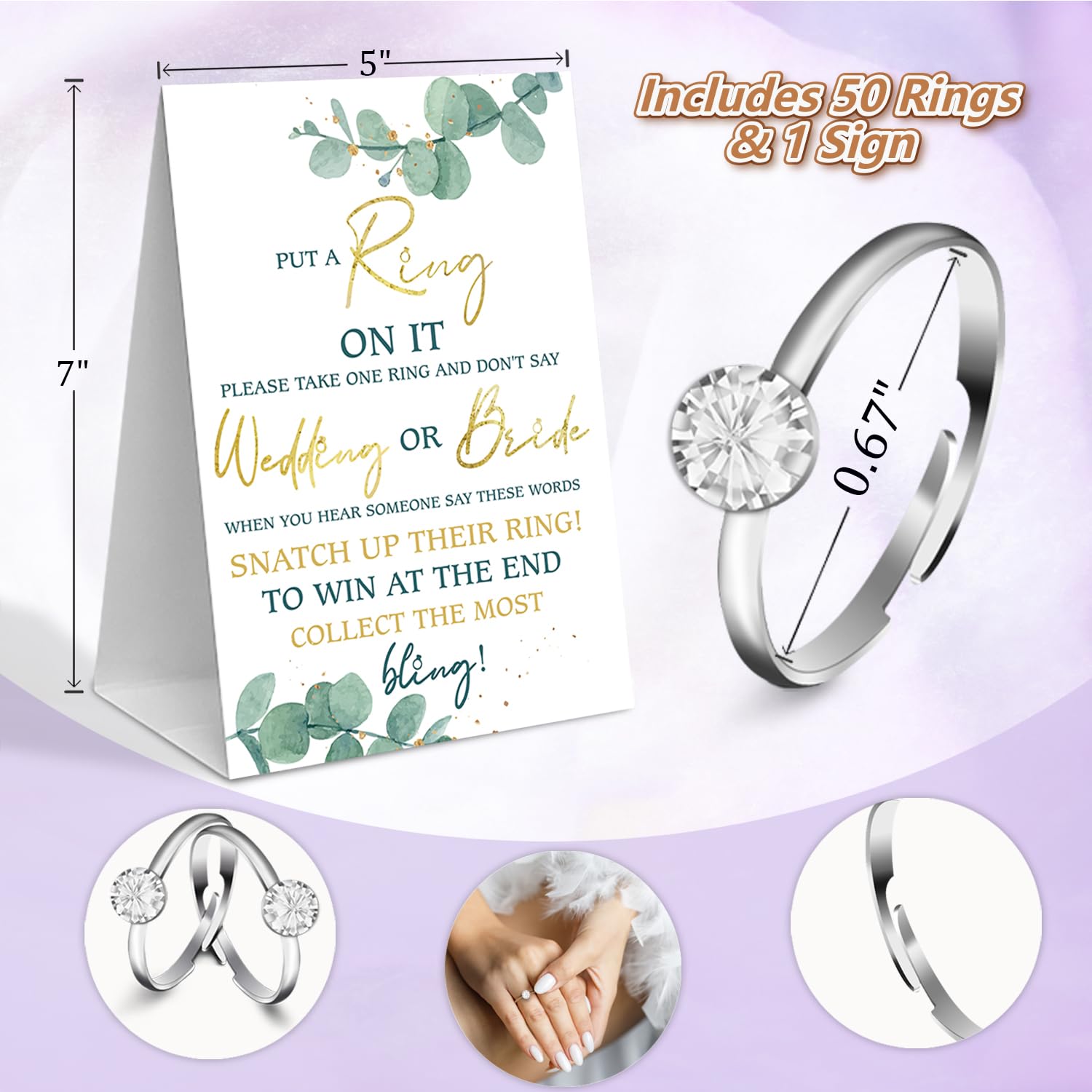 Eucalyptus Bridal Shower Theme Decorations,Put A Ring On It Game,Don'T Say Bride Games,Bridal Shower Games,Wedding Shower,Engagement Party Games(1 Sign And 50 Plastic Diamond Rings)-1