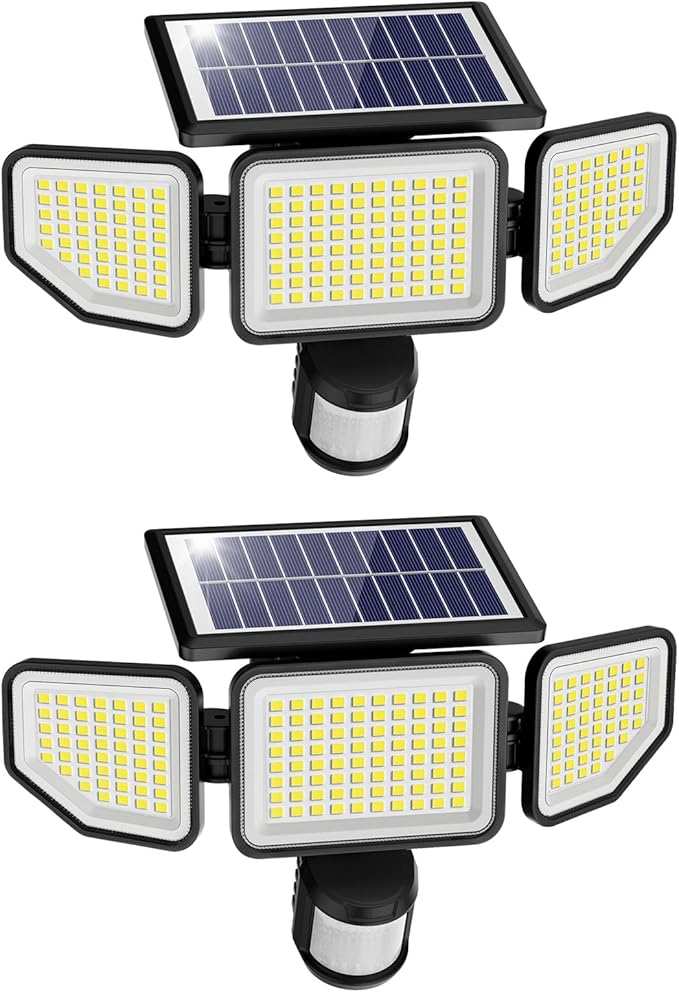 2 Pack 4500LM Solar Security Lights 3 Head Motion Sensor IP65 Waterproof Flood Lights
