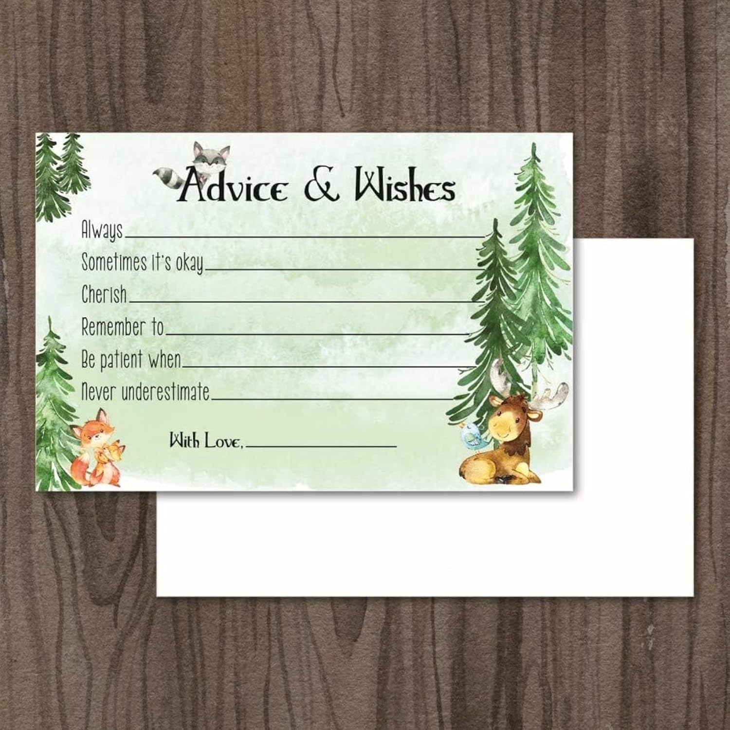 Woodland Creatures Baby Shower Games - 50 Advice Cards For Mommy - Forest Animals - Guest Book Alternative - Well Wishes - Predictions - Rustic Woodland Party Supplies (50 Advice & Wishes Cards)