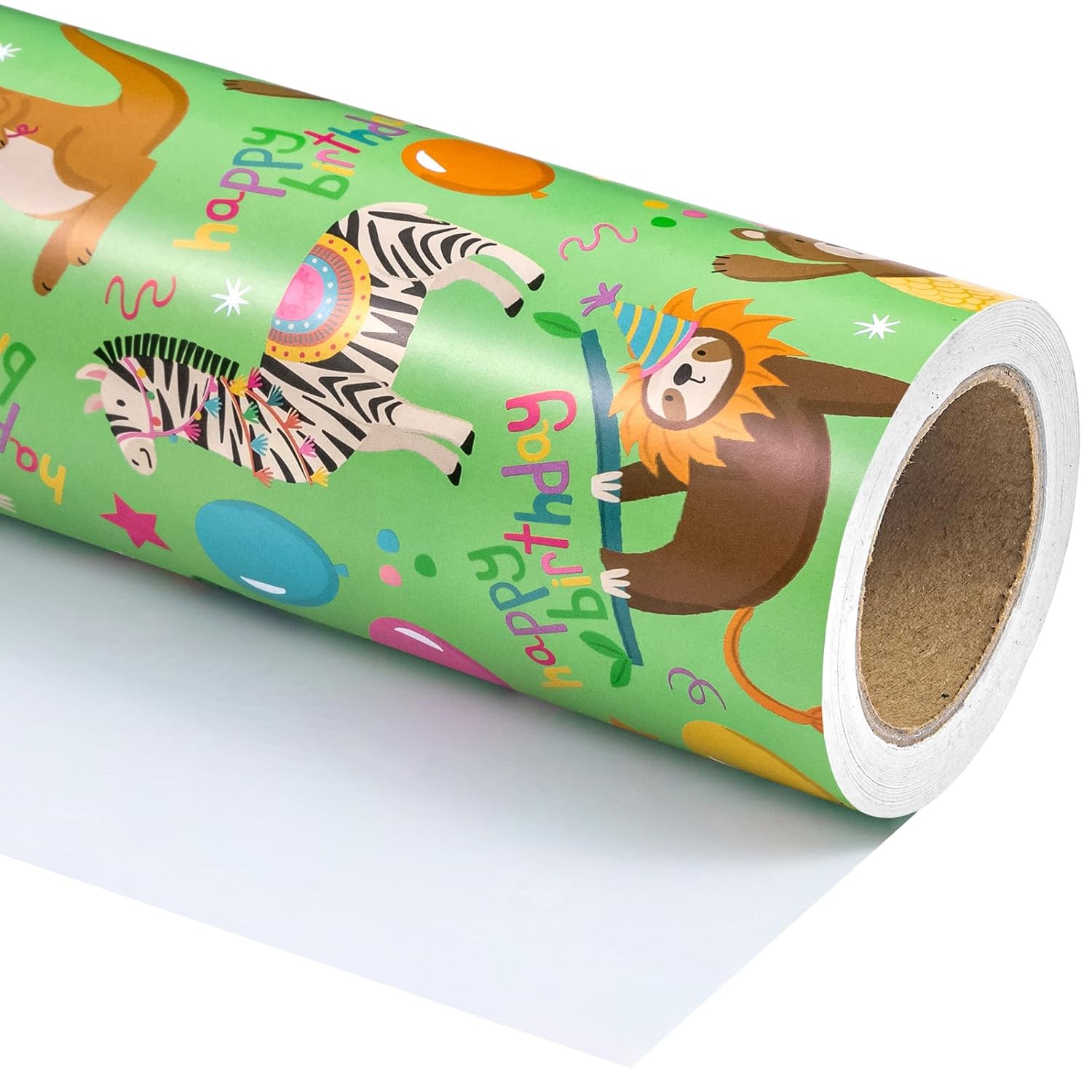 Animal Kids Birthday Wrapping Paper Roll - Mini Roll - 17 Inch X 33 Feet - Baby Animal Bday Design, Perfect For Birthday, Party, Holiday