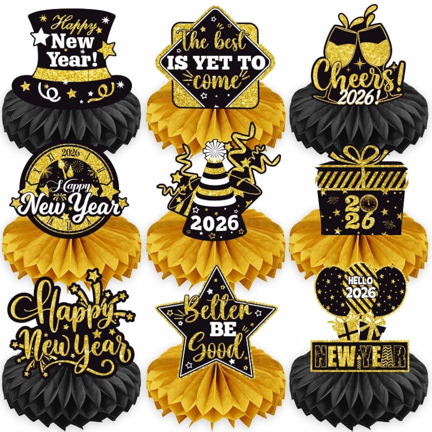 9pc Gold & Black 2026 NYE Party Table Centerpieces