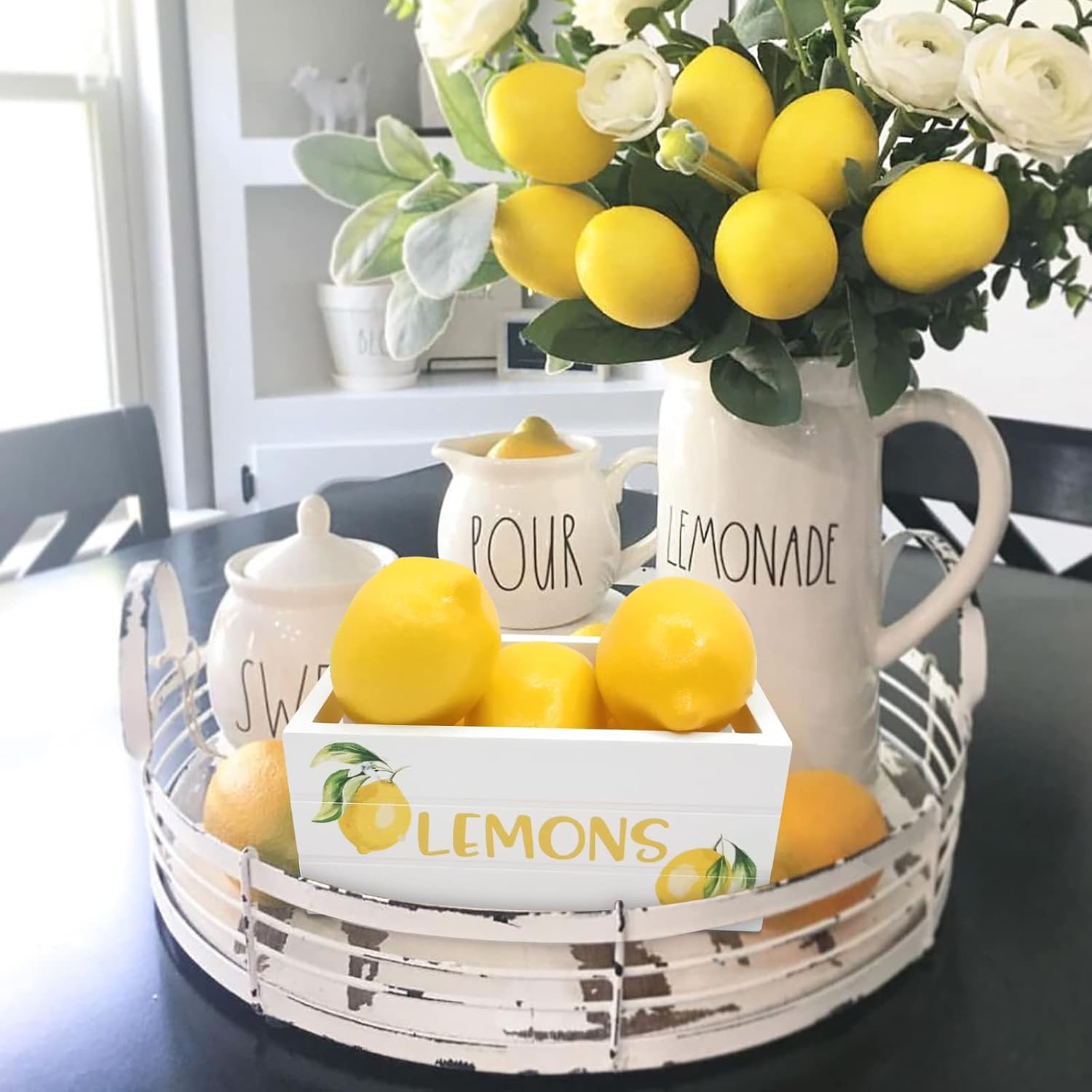 Lemon Mini Crate Summer Tiered Tray Decor Farmhouse Lemonade Kitchen Decorations Summertime Wood Crate With 5 Faux Lemons