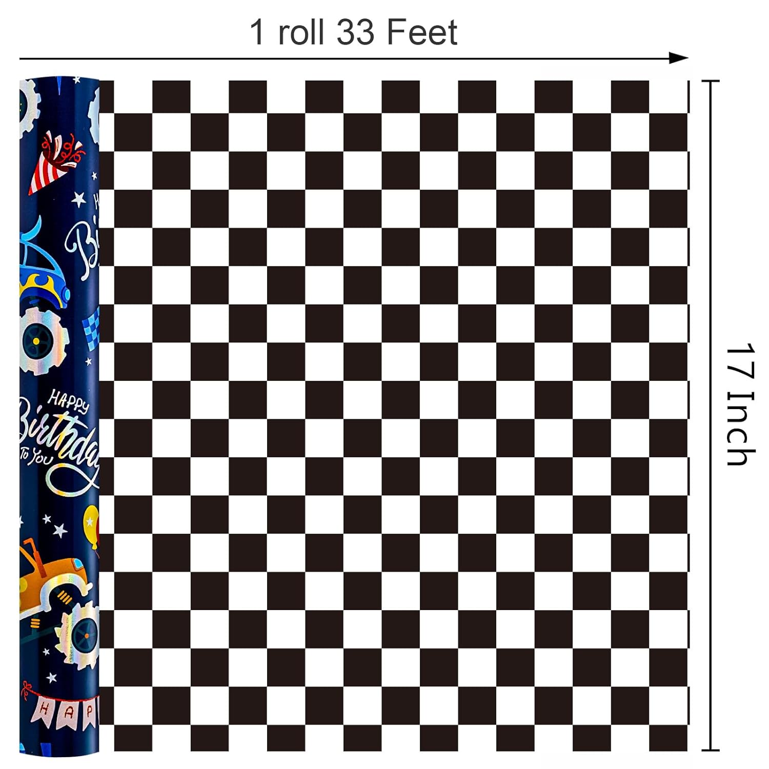 Monster Truck Wrapping Paper Roll, Reversible Checkered Flag Birthday Gift Wrap, Perfect For Kids And Boys Birthdays, 17 Inch X 33 Feet