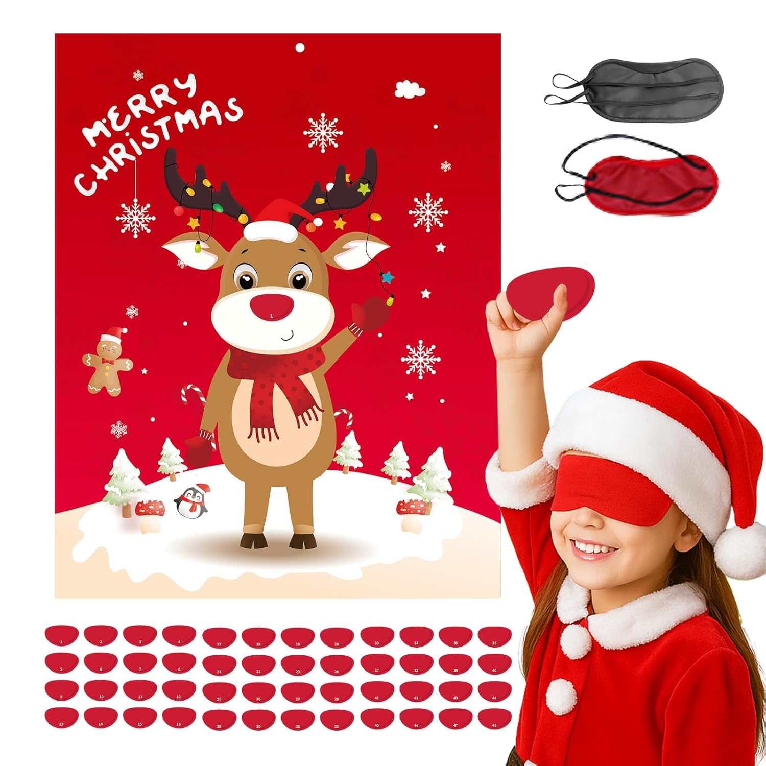 Christmas Party Game For Kids & Family - Pin The Nose On The Reindeer Holiday Activity, Fun Indoor Games For Christmas Party Favors, Family Gathering