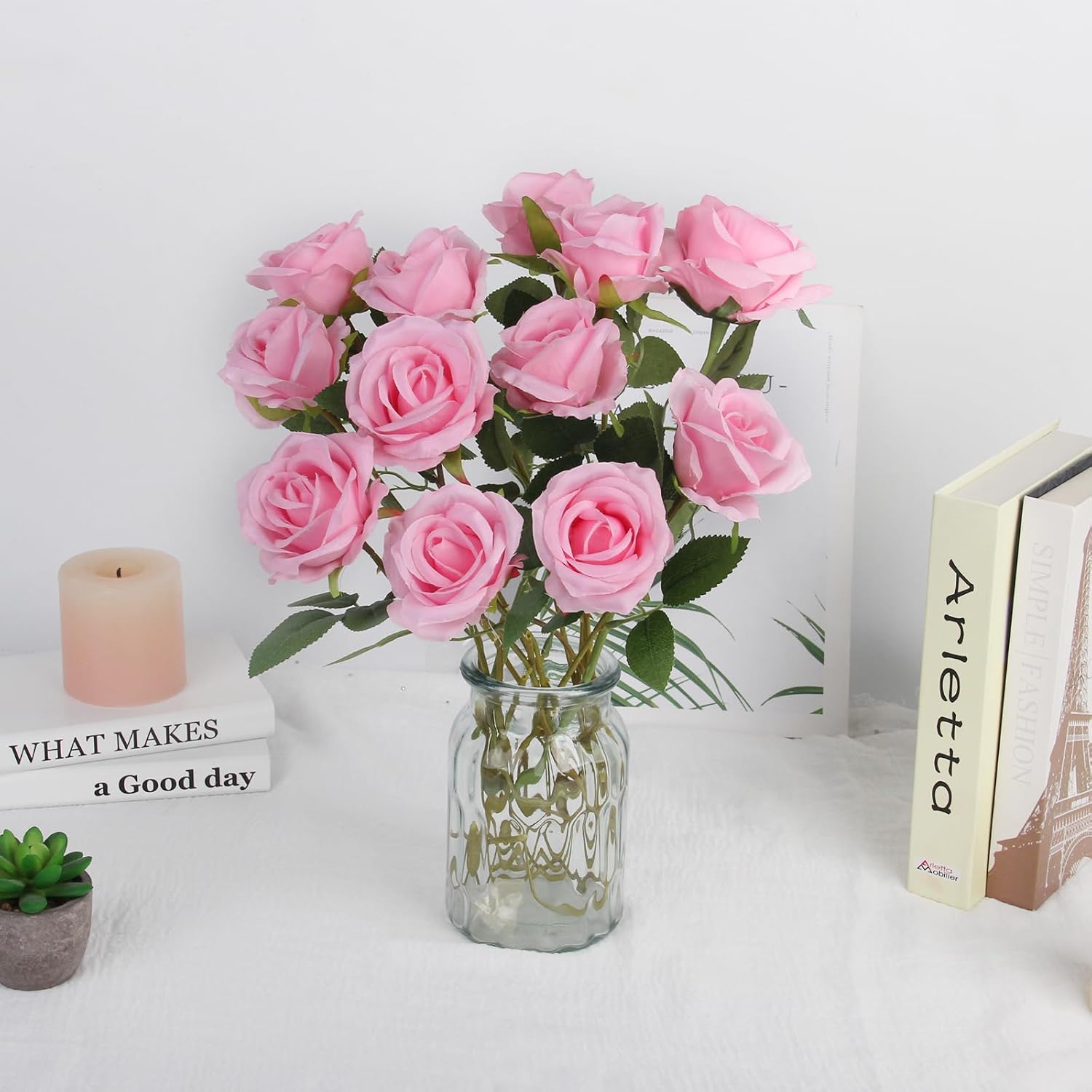36Pcs Fake Roses Artificial Silk Flowers Artificial Roses With Long Stems - Pink Roses Faux Silk Roses Bulk, Realistic Roses Bouquet For Home Wedding Centerpieces Decoration Party Decor